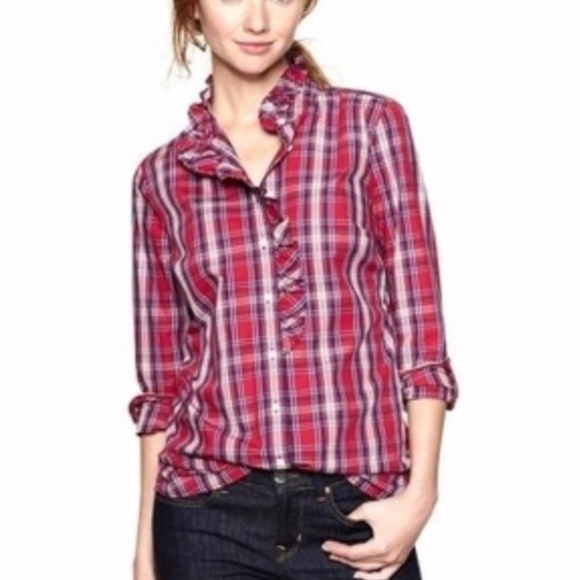 Gap Fitted Boyfriend Red Plaid Shirt Ruffle MP - Picture 3 of 7